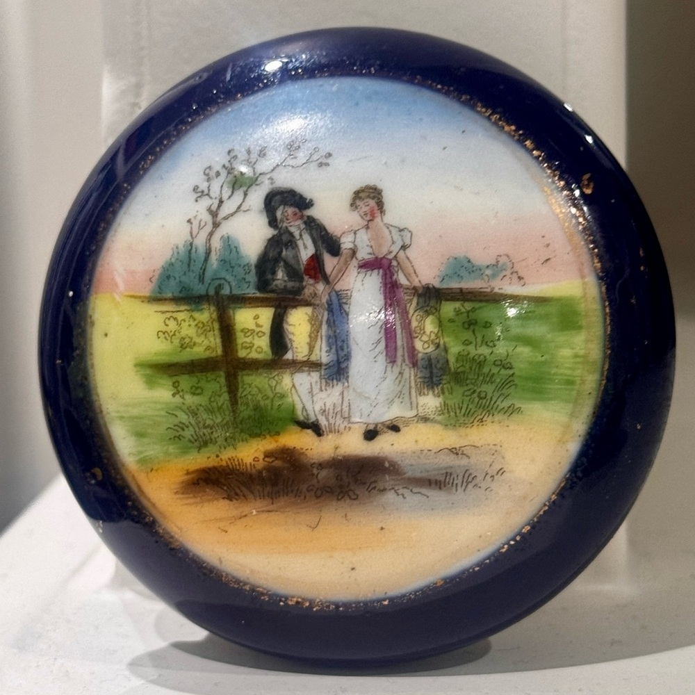 Limoges unmarked France Porcelain Trinket Box lid blue glossy 2.5” Napoleon